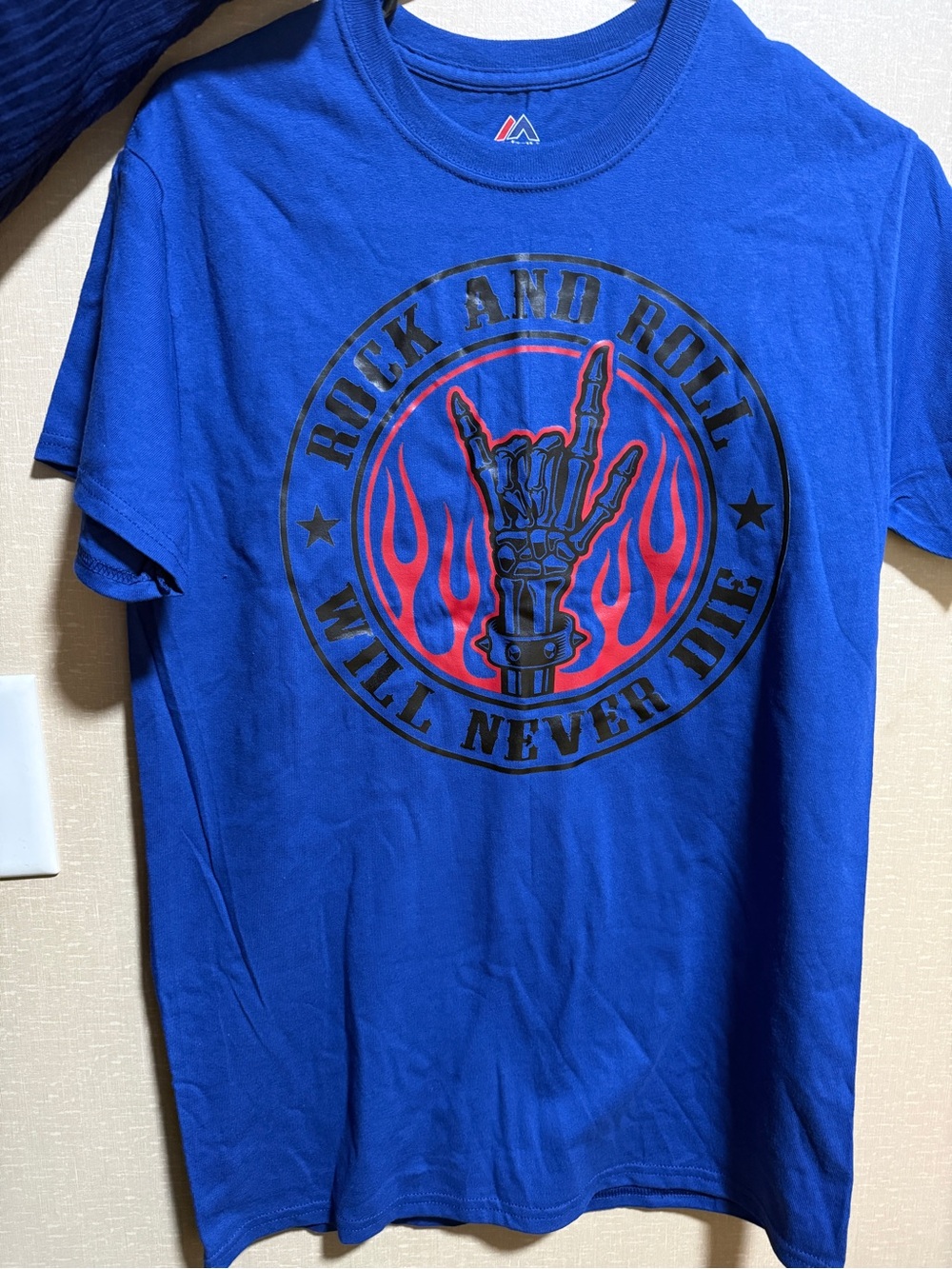 Majestic Blue Rock-and-Roll Graphic Tee with Red Flame Accents